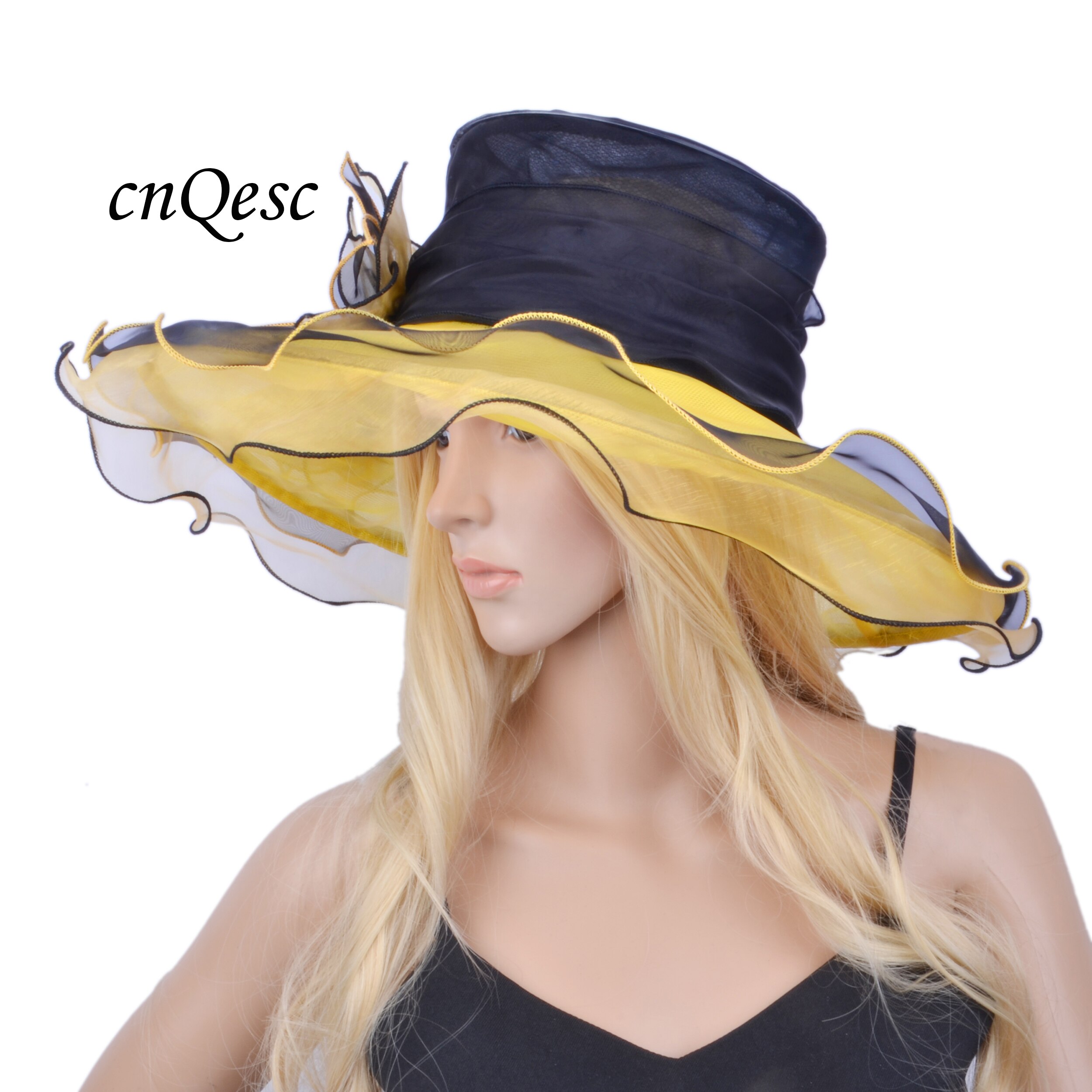 Yellow black big organza hat with leaves flowers for Church Kentucky derby.