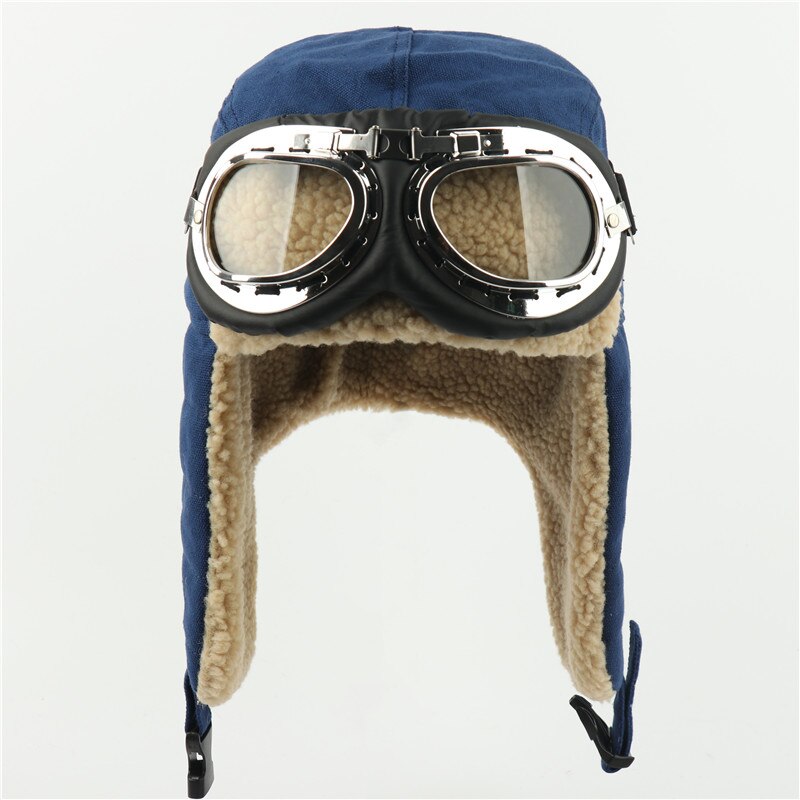 Winter Bomber Hats Earflap Russian Ushanka with Goggles Men Women's Trapper Pilot Hat Faux Berber Fleece Thermal Snow Caps: Blue with Goggles