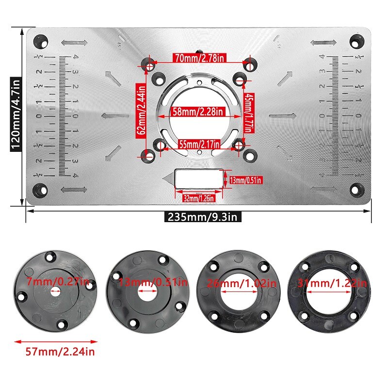 Aluminium Router Table Insert Plate Table For Woodworking Benches Router Plate Wood Tools Milling Trimming Machine With Rings