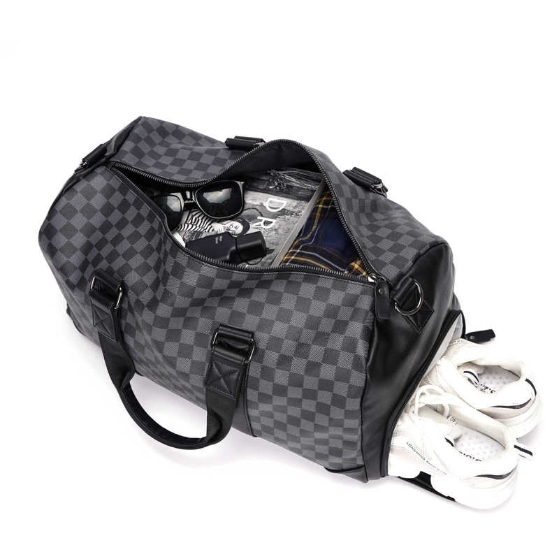 Bolsos de viaje a cuadros para hombre y mujer, bolsas de viaje de cuero Pu, versátil, de gran capacidad, para deporte, Fitness, para viaje de negocios, color negro