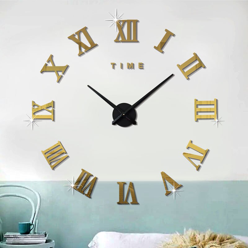 DIY Wall Stickers Acrylic Modern Roman Numerals Wall Clock 3D Mirror Surface Sticker Home Office Decor: Gold with black