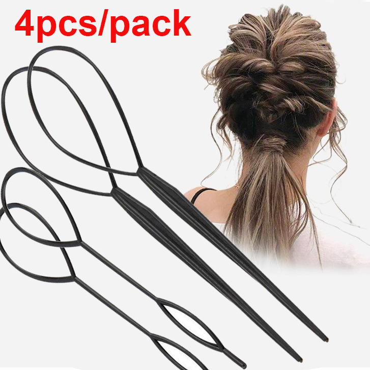 Extracteur de cheveux noir, 4 pièces, outils de coiffure, queue de cheval, créateur de cheveux bouclés de mariée, accessoires en boucle en plastique