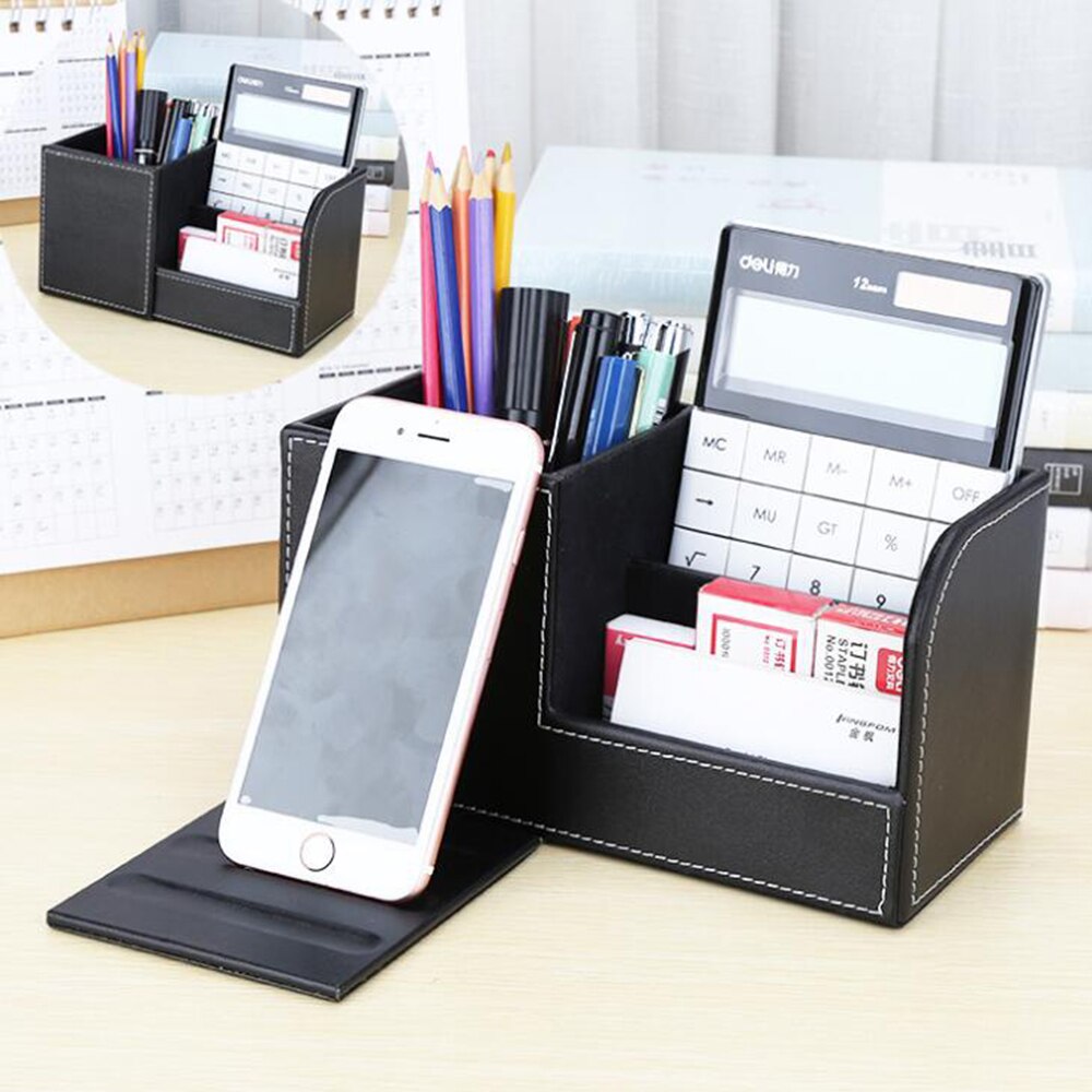 XRHYY Black 3 Compartment Leather Desk Organizer Card Pen Pencil Mobile Phone Office Supply Holder Collection Desktop Organizer