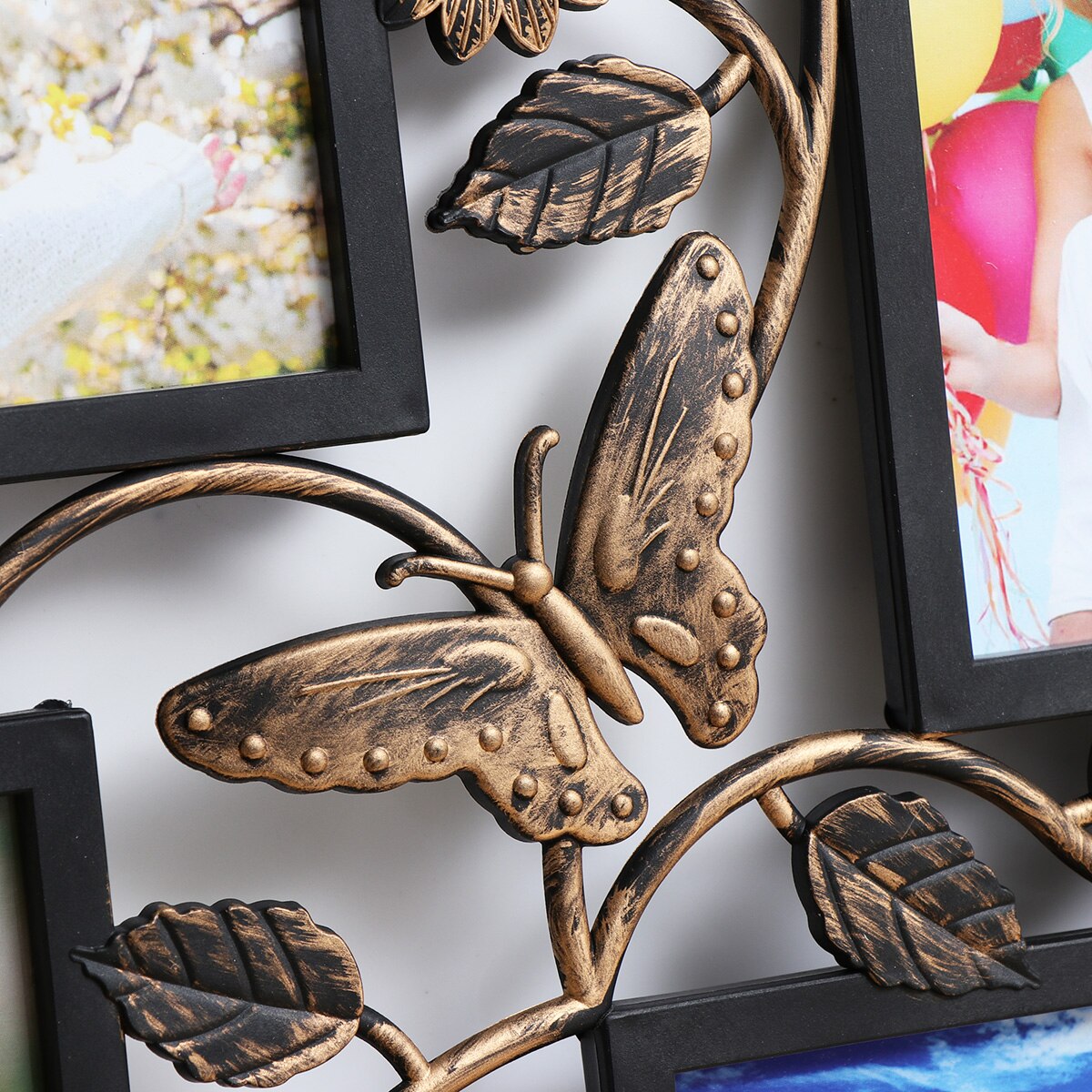 Marco decorativo con 4 orificios para colgar en la pared, foto para colgar en la pared, con flores y marco de fotos Vintage, color negro