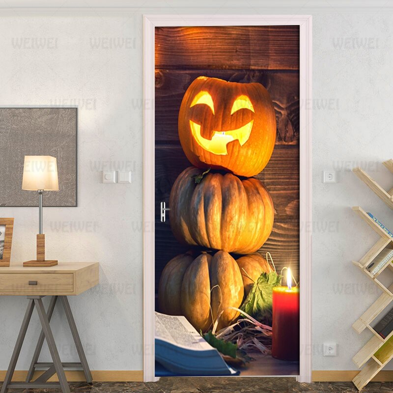 3D Halloween Pumpkin Light Door Sticker Wallpaper PVC Waterproof Self-adhesive Living Room Door Decor Decal Detachable 3D Mural