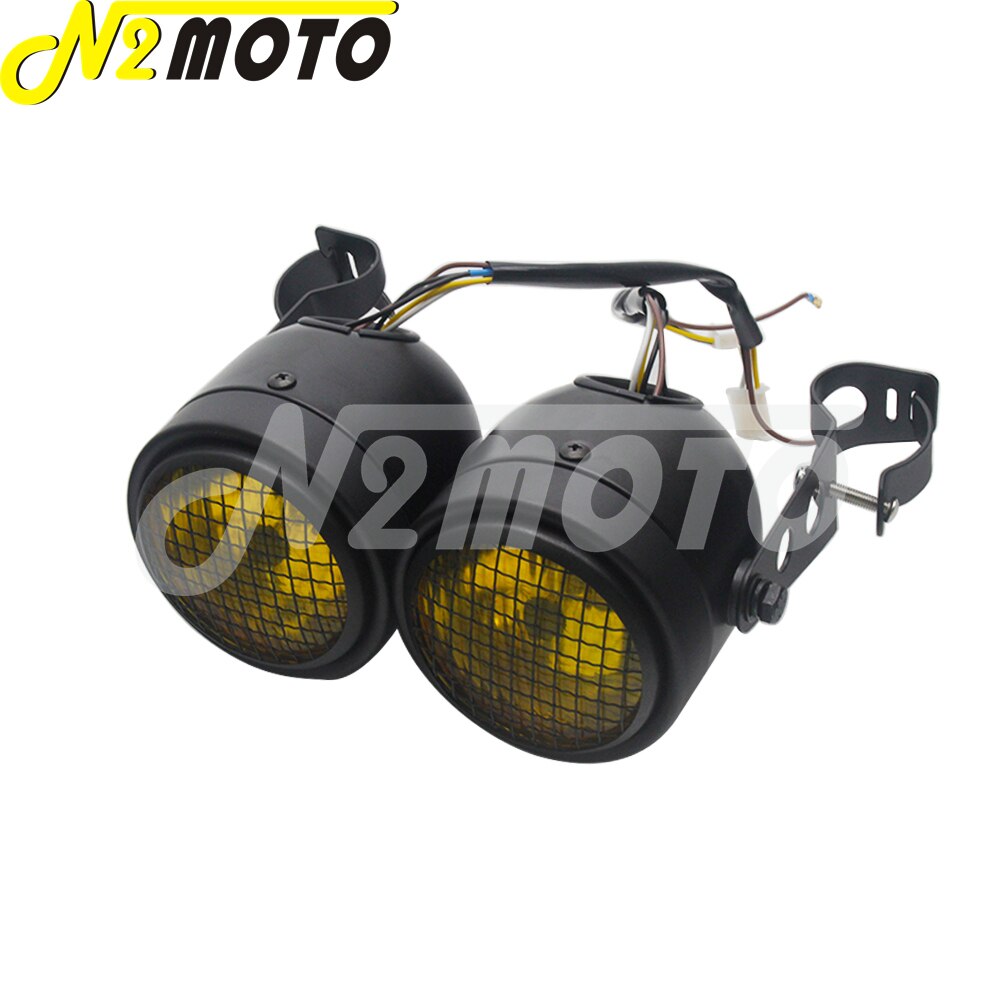 Chrome Amber Motorcycle Retro Twin Headlight Holder Fork Double Dual Head Lamp For Harley Dyna Bobber Chopper Cafe Racer Custom: D black amber