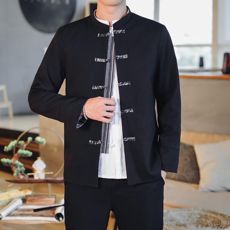 Plus size mænd formel blazer herre slim fit knap tunika jakkesæt sæt ren farve kinesisk stil blazer jakke og bukser: Sort tunikasæt sæt / Xxl
