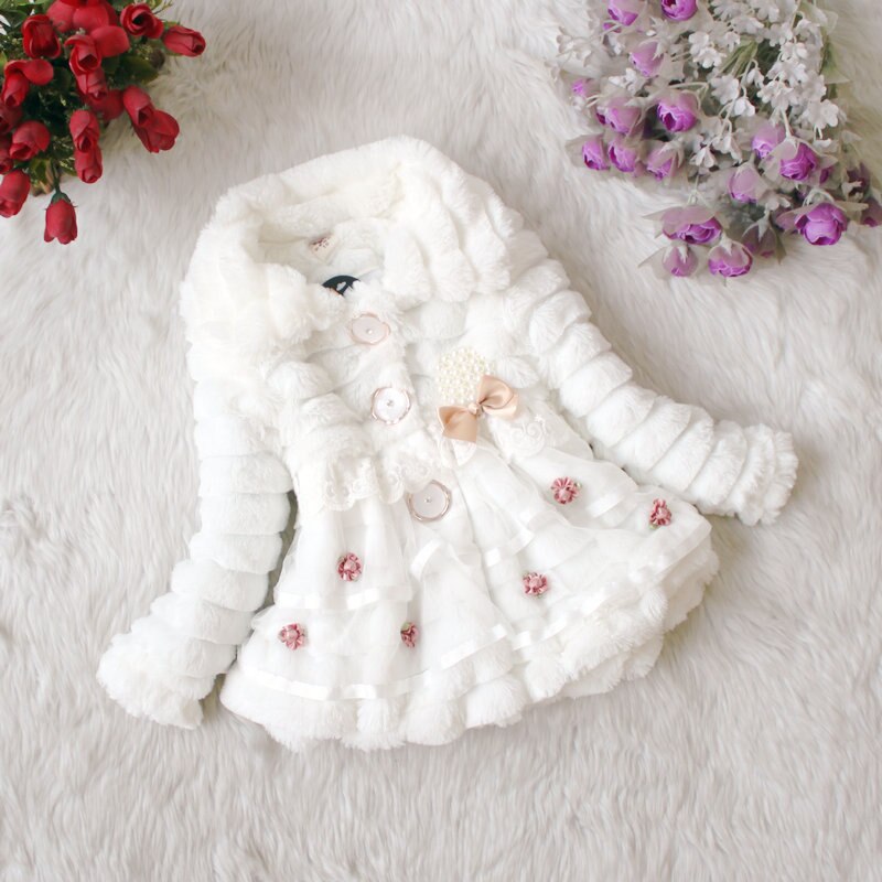 Meisjes Bontjas Kleding Met Parel Kanten Bloem Herfst Winter Dragen Kindje Kinderen Faux Fur Jurk Jurken Stijl Jas: white / 12m