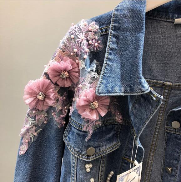 Frühling Herbst Jeans Jacke Mantel Frau Neue Heavy Stereo Rosa Blume Bestickt Loch Denim Jacken Frauen Basic Mäntel