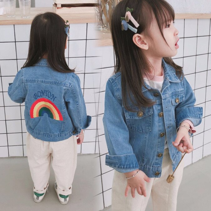 Del bambino del Denim Delle Ragazze Tute E Salopette Autunno Bambini Jean Giubbotti Arcobaleno Stampa Vestiti Per Ragazze Casual Bambini Torna A Scuola Outfit 2 4 6 7 8