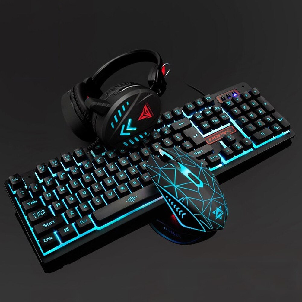 Gaming mus mekaniskt hem headset bakgrundsbelysning ergonomiskt tangentbord set usb trådad pad dator skrivbord vattentäta tillbehör: Svartblått ljus