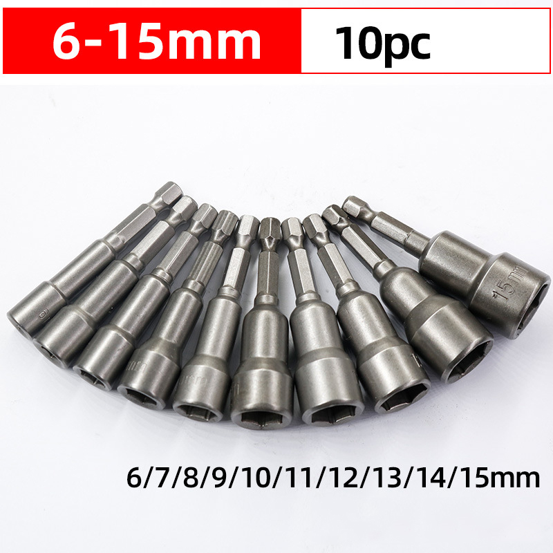 6mm-19mm støtskrutrekker magnetisk mutter skrutrekker 1/4 sekskantnøkler sett borebitsadapter for kraftbor slagdrivere socketsett: 6-15mm(10 stk)