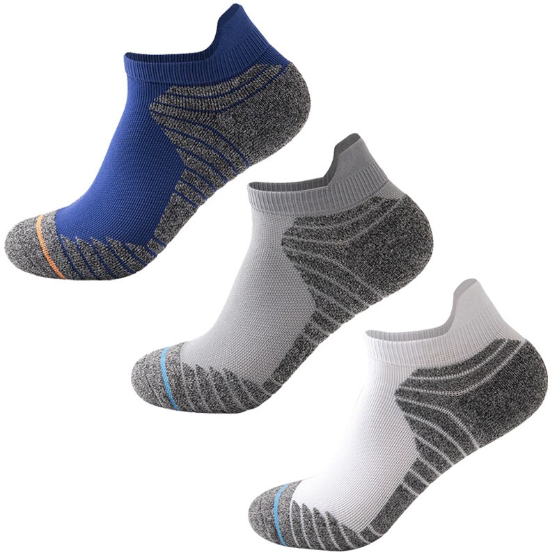 Heren hardloopsokken katoenen compressie fietssokken elite hardloopsokken basketbal fietssokken lage hardloopsokken: Blauw grijs wit