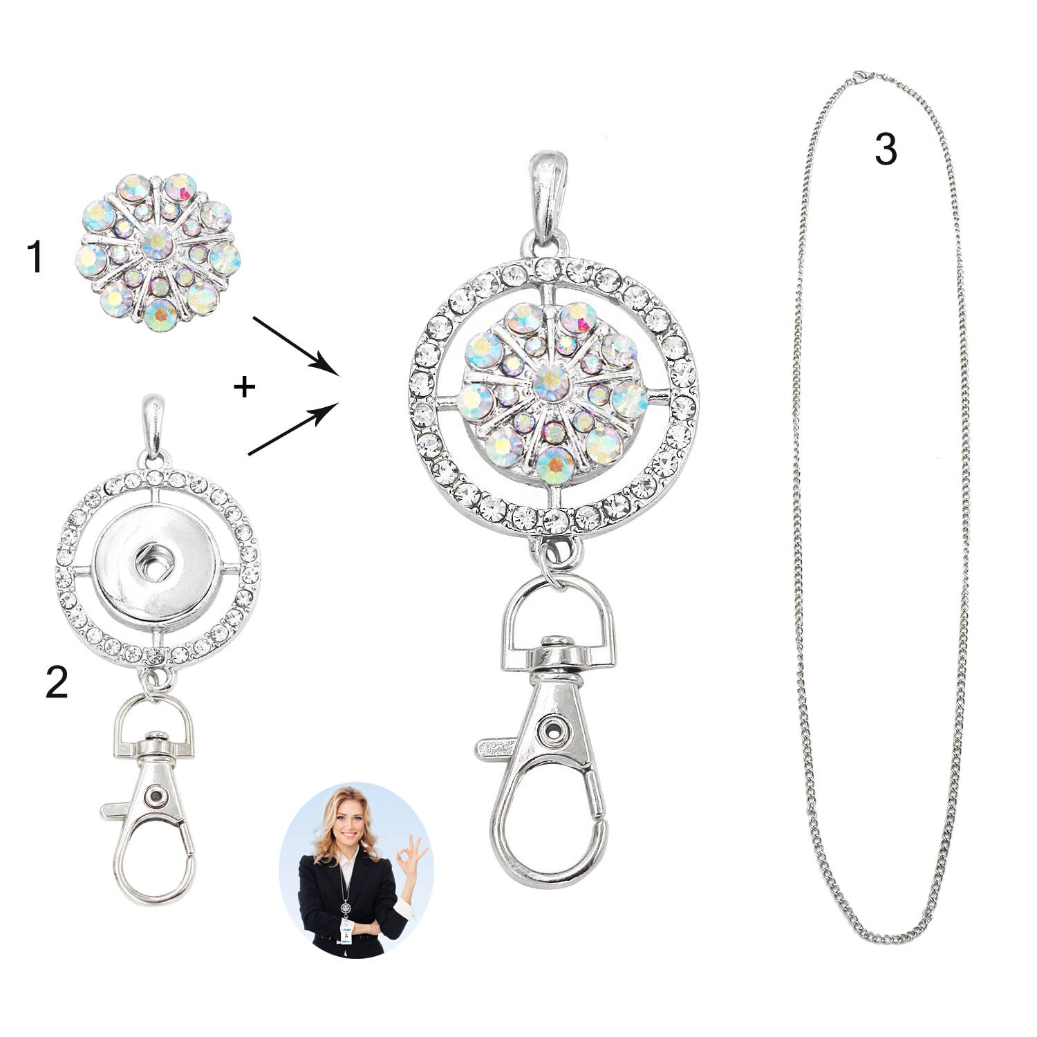 Idclip Schlüsselband Halfter Ich würde Abzeichen Eule schnappen Schmuck Rosa Reize Anhänger Clip Bling Halskette Frauen Büro zubehör: LA11