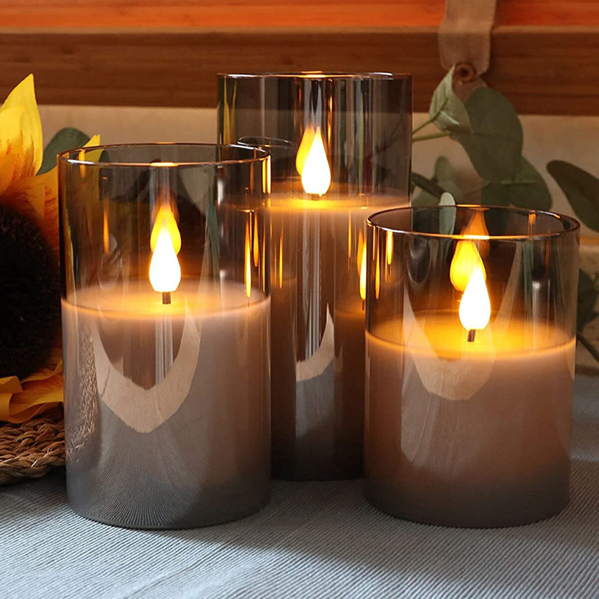 3Pcs Golden Gray Authentic Flame Flickering LED Candle Light Glass Jar Wax Indoor Electronic Remote Control Candle Warm Light