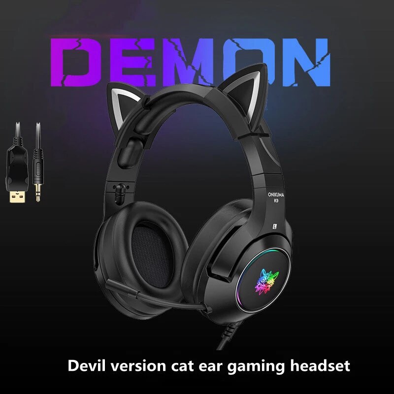 Noble black Gaming Headset For PC Laptop HiFi Headphone USB Wired Earphone LED Stereo With Mic Headst Gamer Cat Ear Headphones