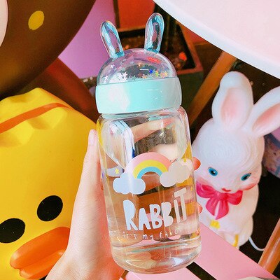 Sød vandflaske til piger børn kreativitet glas mikro landskab kaninører krus kawaii bærbar lækagesikker vandbæger: Blå regnbue