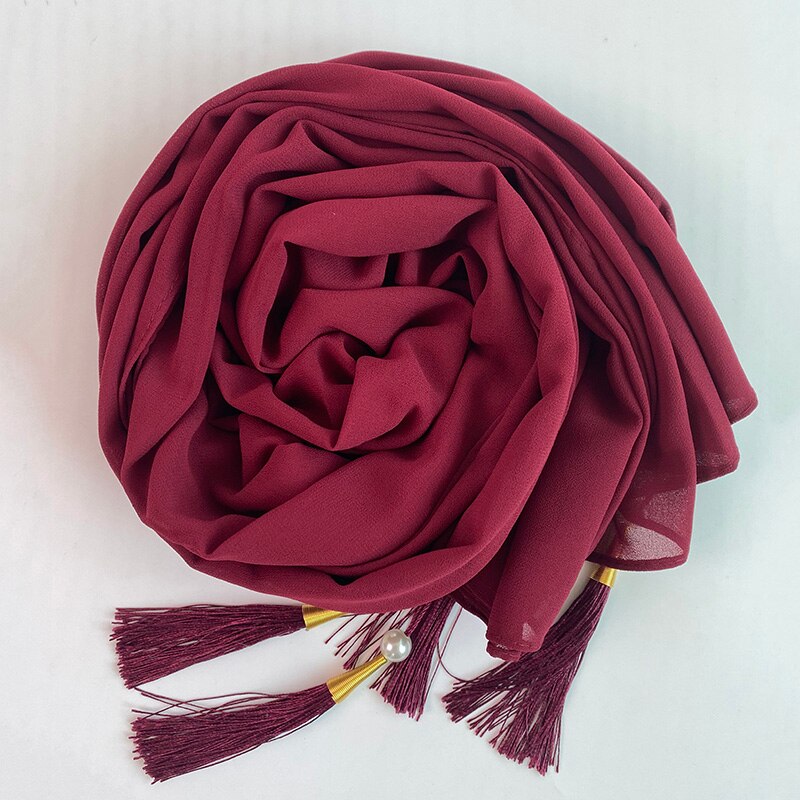1 Pc Bubble Chiffon Solider Kleur Sjaal Lange Soft Wrap Sjaal Sjaals Femme Bufandas Kralen Parels Hijaabs Kwastje Sjaal: color 20