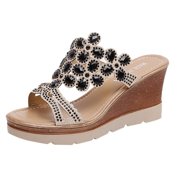 B Sagace Wiggen Schoenen Vrouwen Zomer Peep Toe Ademend Strand Sandalen Strass Slip-On Wedges Schoenen Sandalen Mujer: Black / 40