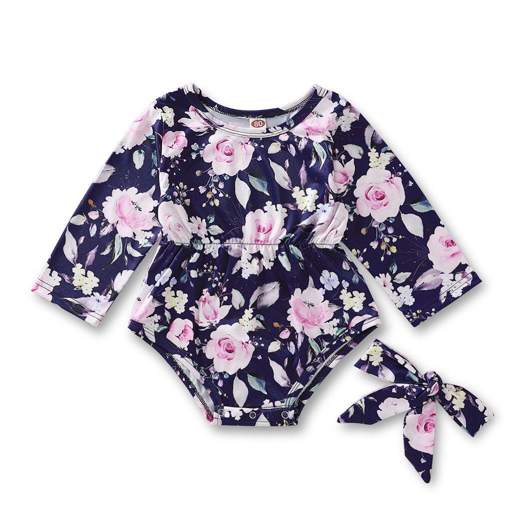 Newborn Accessories Infant Baby Boy Girls Clothes Long Sleeve Print Romper Bodysuit+headband Outfits Romper Baby Clothes: Blue / 6-9Months