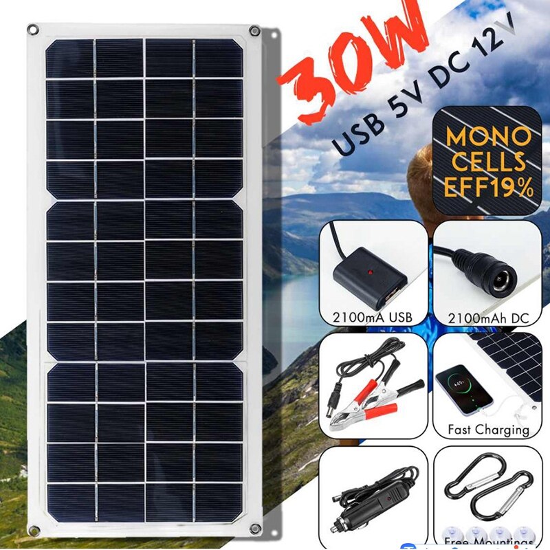 12V 30W Solar Panel Car Van Boat Caravan Camper Trickle Portable Battery Charger