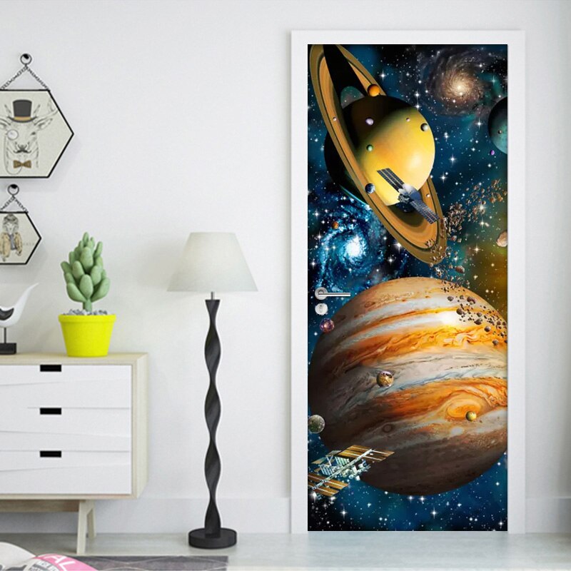 Selvklebende pvc dørklistremerke univers star sky planet 3d plakat fototapet for barnerom soverom dør veggmaleri klistremerker: 95 x 215cm