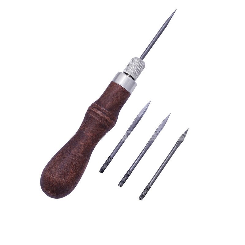 4PCS Leather Craft Sewing Awl DIY Wood Handle Leather Stitching Awl Hand Stitching Awl Tools Canvas Leather Craft Sewing