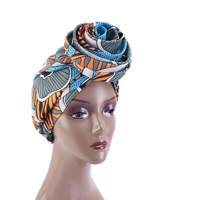 Bonnet Women African Floral Print Ankara Bonnet Hat Ladies Turban Big Flower Cap Head Scarf Beanies Wrap Indian: 08 Blue Orange