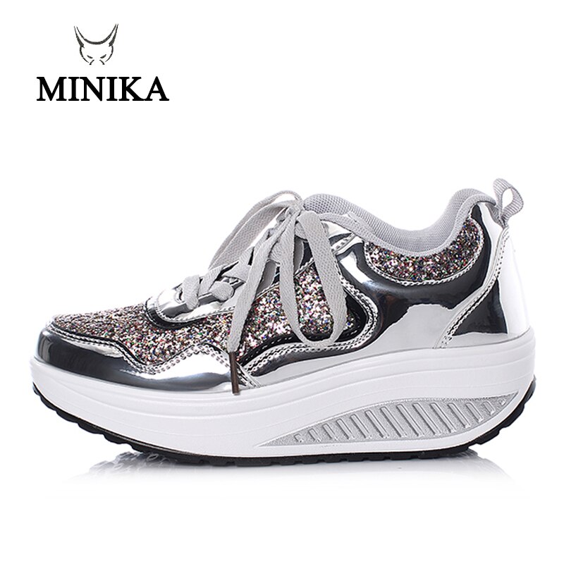 Bling Gold Women Big Size 42 Toning Shoes Slimming Platform Swing Sneakers Women Health Wedge Shoes Body Fitness Shoes Girls: Silver / 5