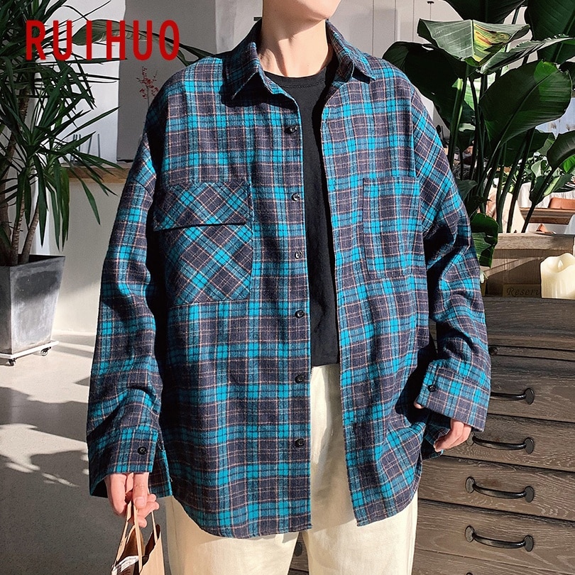 Ruihuo plaid mænd casual skjorter til mænd stor størrelse langærmet skjorte herre tøj slim fit m -2xl