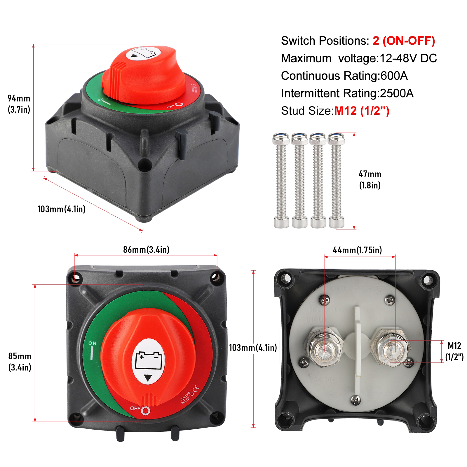 200A 300A 600A interruptor de masa de batería Dual interruptor de corte de 2 y 4 posiciones interruptor de desconexión de batería automática de barco de coche 12V 24V marino: Rojo
