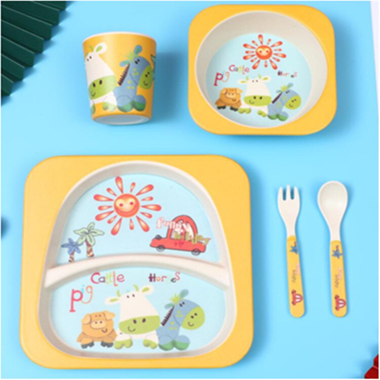 Imebaby5 pièce ensemble bambou vaisselle bambou bol bébé alimentation plaque créative dessin animé enfants bol/tasse/fourchette cuillère coffret: Small animal car