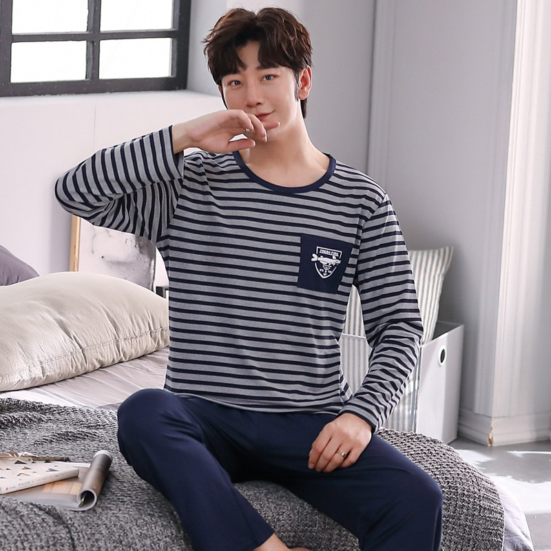 XIZOU, conjuntos de pijamas de algodón con cuello redondo para hombre, pijamas para hombre, ropa de dormir de estilo moderno, Pijama de otoño, ropa de hogar para hombre suave y cómoda para dormir