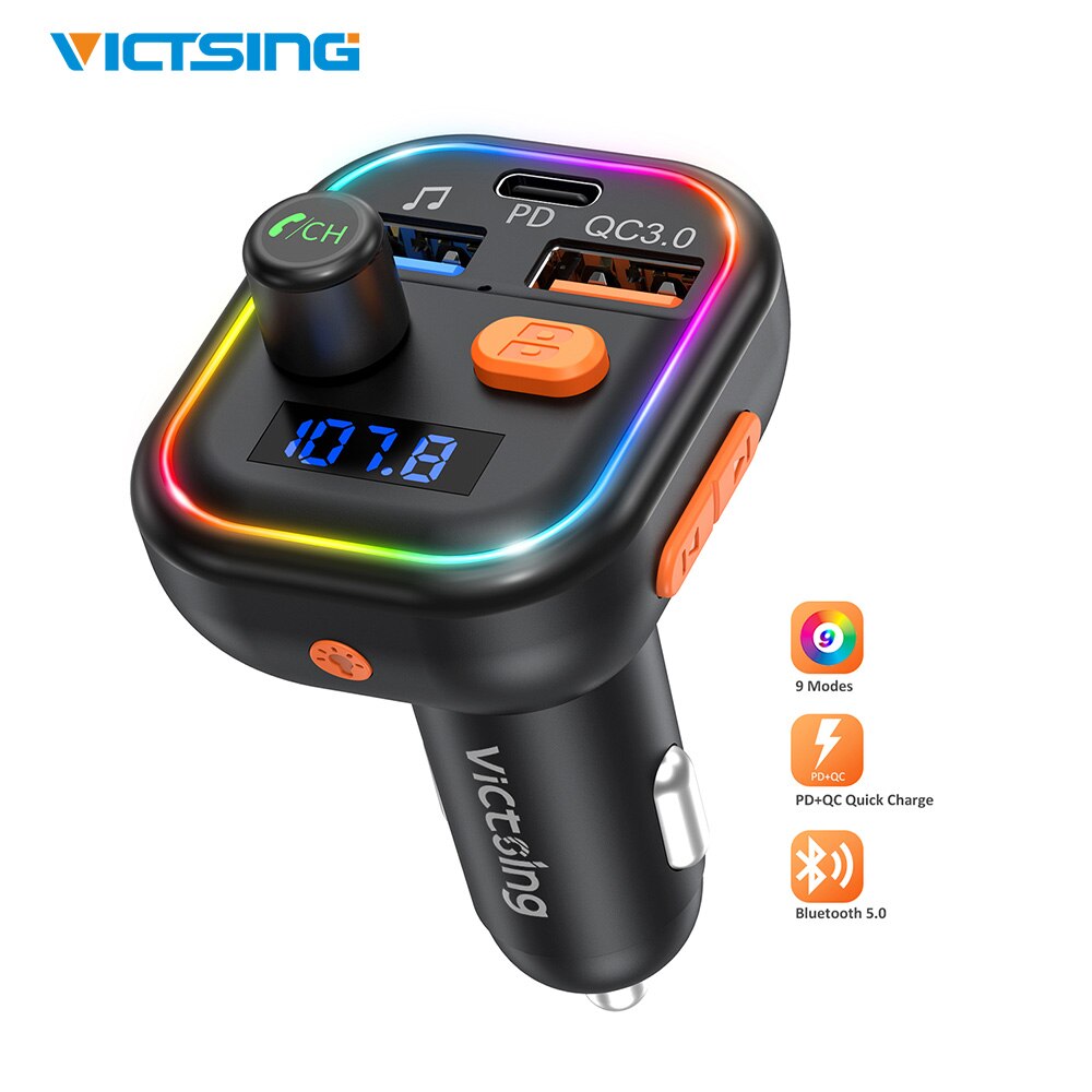 Victsing Bluetooth 5.0 Fm-zender Voor Auto Met Diepe Bas Audio Adapter Ontvanger &amp; 9 Backlight Modi MP3 Zender Auto kits