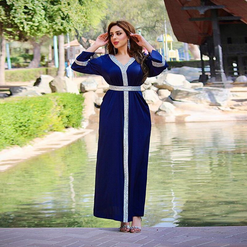 Robe Satin Longue Musulman De Femme caftan marocain dubaï Abaya Musulman Hijab Robe turquie robes Abayas pour les femmes Vestidos: dark blue / M