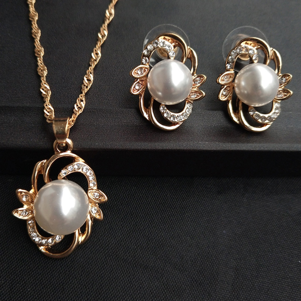 Gesimuleerde Parel Bruids Sieraden Sets Crystal Gouden Vergulde Sieraden Bloem Blad Ketting Oorbellen Sets voor Vrouwen: Default Title