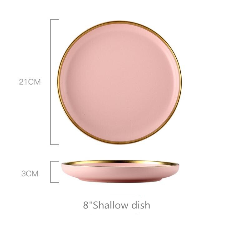 Gilt Rim Pink Porcelain Dinner Plate Set Kitchen Plate Ceramic Tableware Food Dishes Rice Salad Noodles Bowl Mug Cutlery Set 1pc: 8 inch Shallow dish