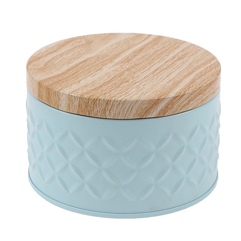 Round Empty Iron Box With Wood Grain Lid Candy Storage Box Diy Candle Making Jar: sky blue 1