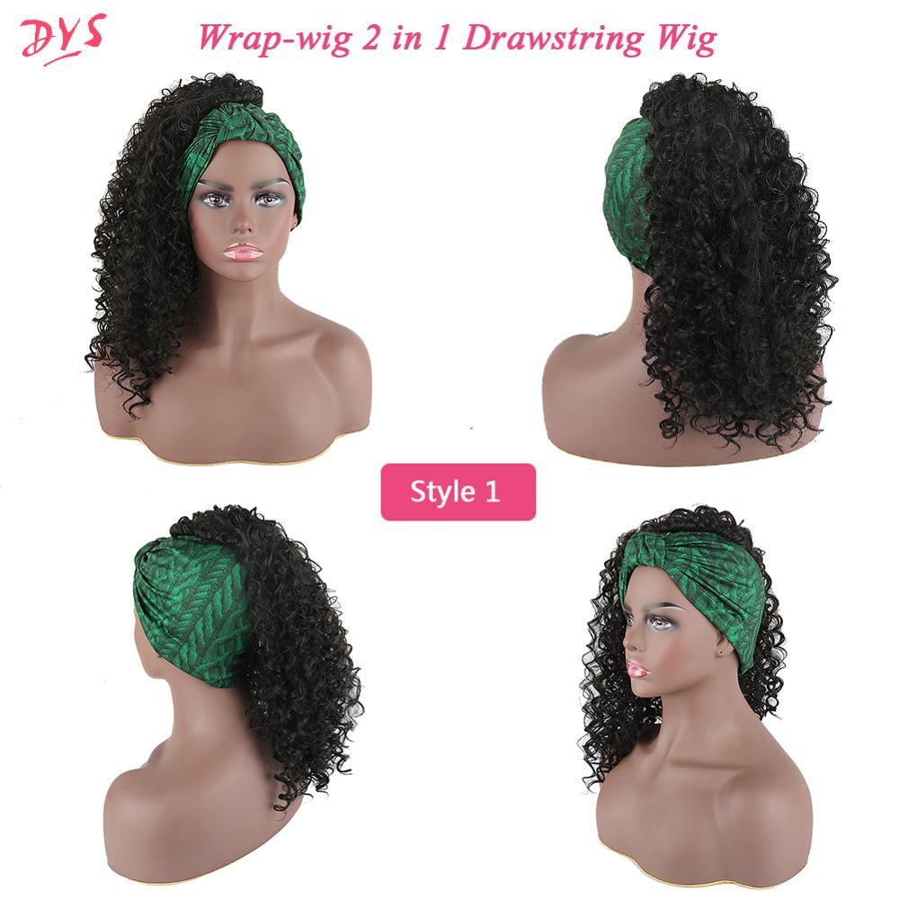 Deyngs Turban perruque synthétique Afro crépus bouclés perruque bandeau cordon enveloppement-perruque 2 en 1 Updo tête-enveloppement perruque Turban afro-américaine