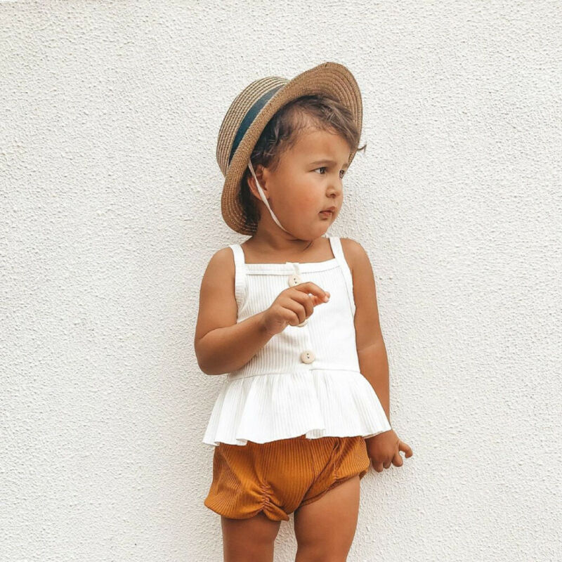 Pudcoco 2Pcs Kids Baby Meisje Kleding Mouwloze Knop Ruches Tops Jurk Bloem Shorts Broek Outfit Zomer