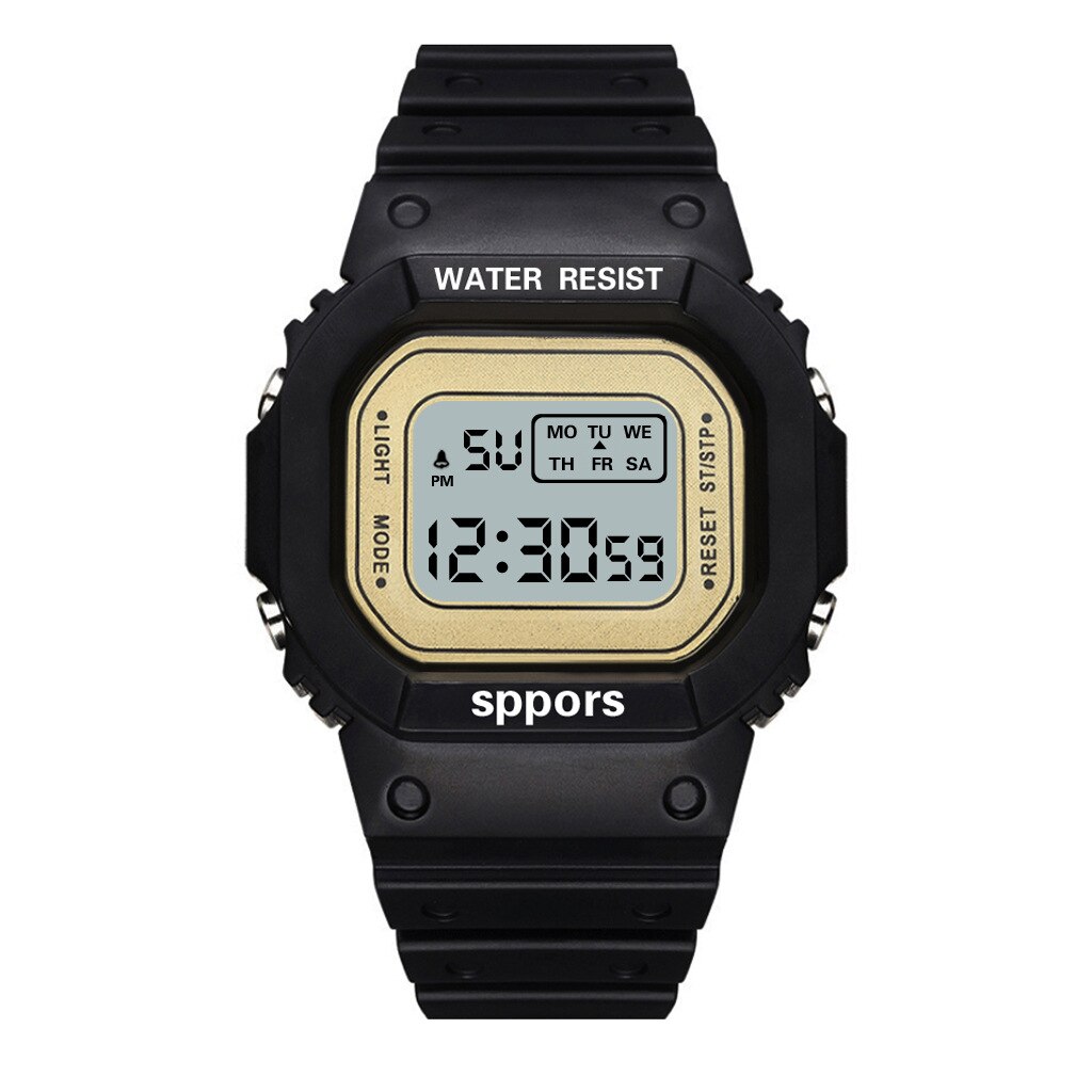 LED Digital Watch Crystal Square Women Watches PCV / F91W Steel Strap Sports Watches Electronic Wrist Band Clock Students: Black gold -C