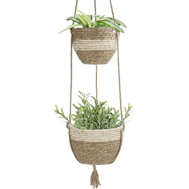 Hängande planteringskorg inomhus utomhus, hängande blomkruka, naturliga sjögräs blomkrukor, beige