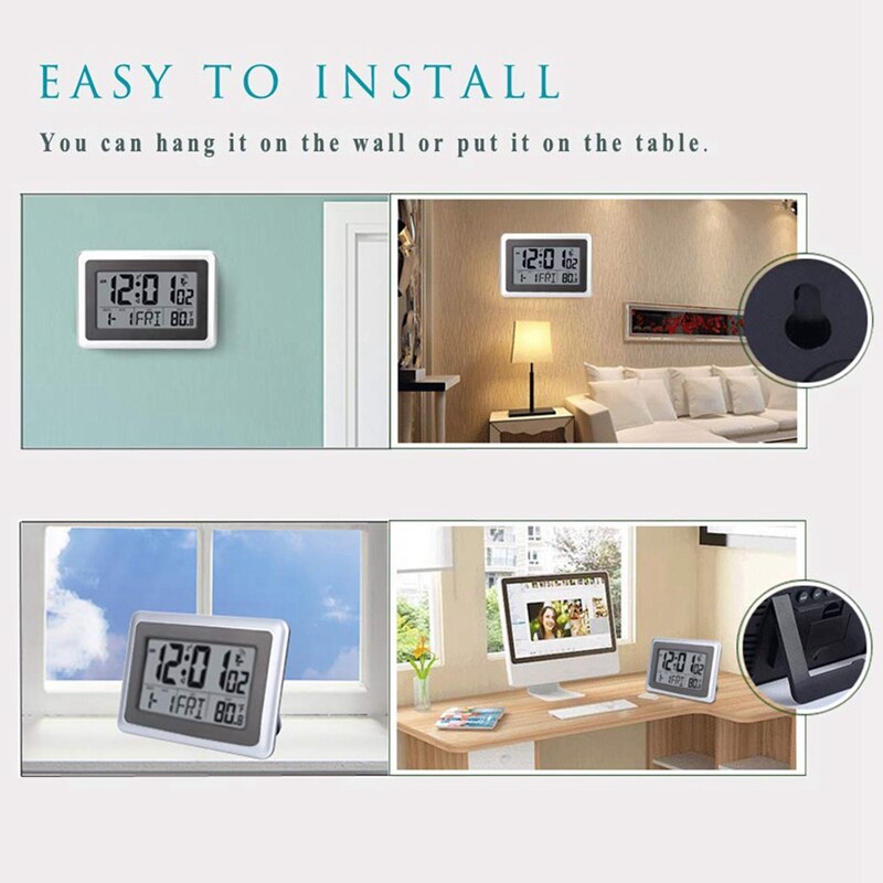 Atomic Digital Wall Clock, Large Lcd Display, Battery Operated, Indoor Temperature, Calendar, Table Standing, Snooze Without B