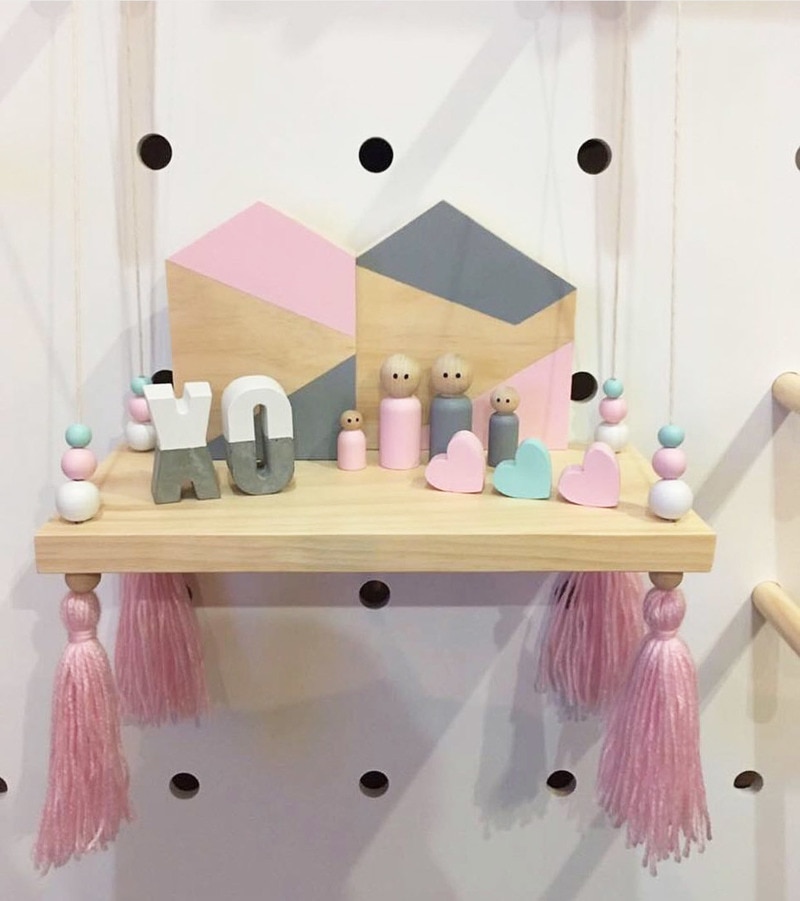 Wall Hanging Handmade Wood Rope Swing Storage Rack Kids Room Storage Holder Floating Display Shelves Wall Decoration