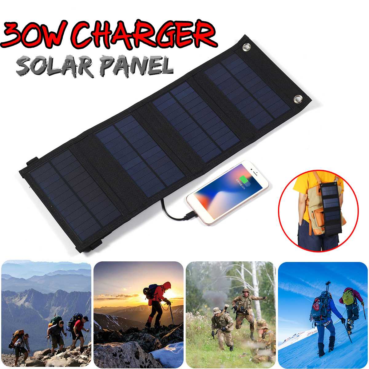 30W Foldable Solar Panel Charger Portable Solar Power Bank Backpack Camping Hiking Solar Panel Kit for phone with USB Port