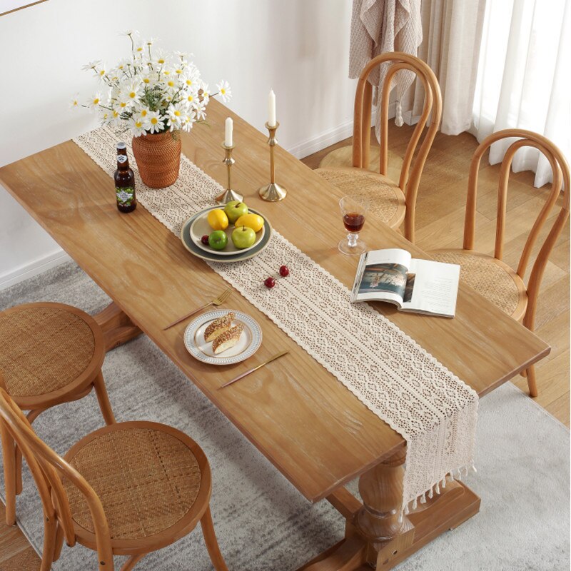 Lace Table Runner with Tassel Long Rectangular Hollow Mesh Tablerunner for Home Hotel Wedding Dining Table Decor