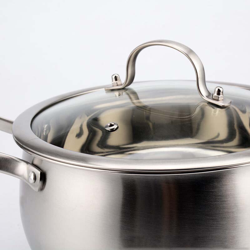 Casserole à soupe à fond épais en acier inoxydable, casserole à double poignée avec couvercle en verre pour cuisinière à gaz à induction, antiadhésive, haute teneur