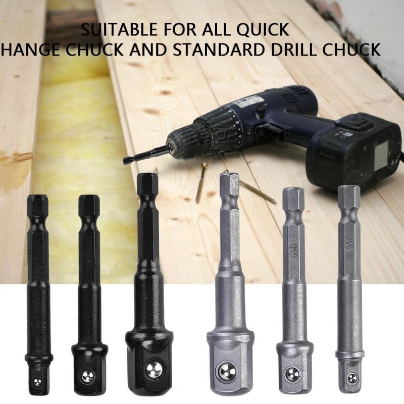 3Pcs Socket Adapter 1/4 inch Hex Shank to 1/4 3/8 1/2 Square Head Drill Bit Driver Black Silver Optional