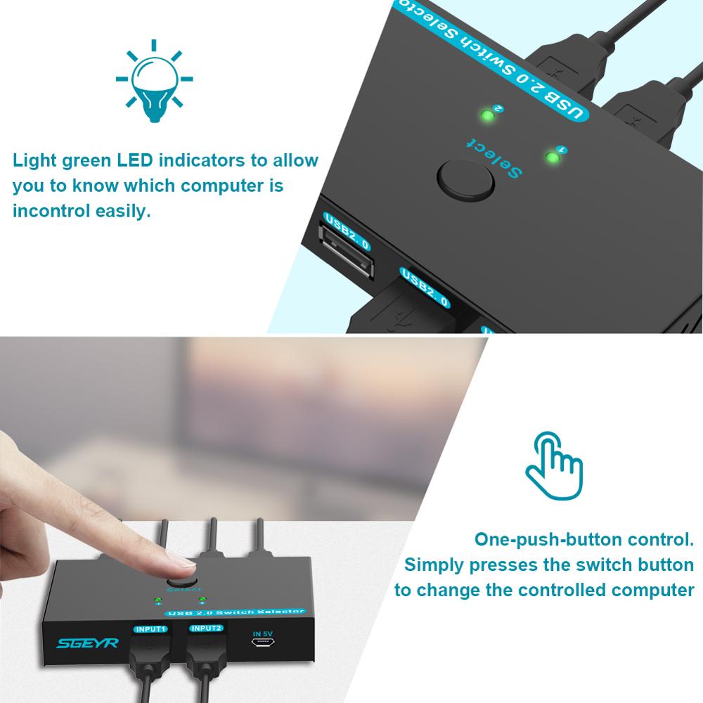 Usb Switch Selector Kvm Switch Switcher 2 Pcs Sharing 4 Usb 2.0 Apparaten Met Een Knop Swapping En 2 pack Usb A Naar Een Kabel