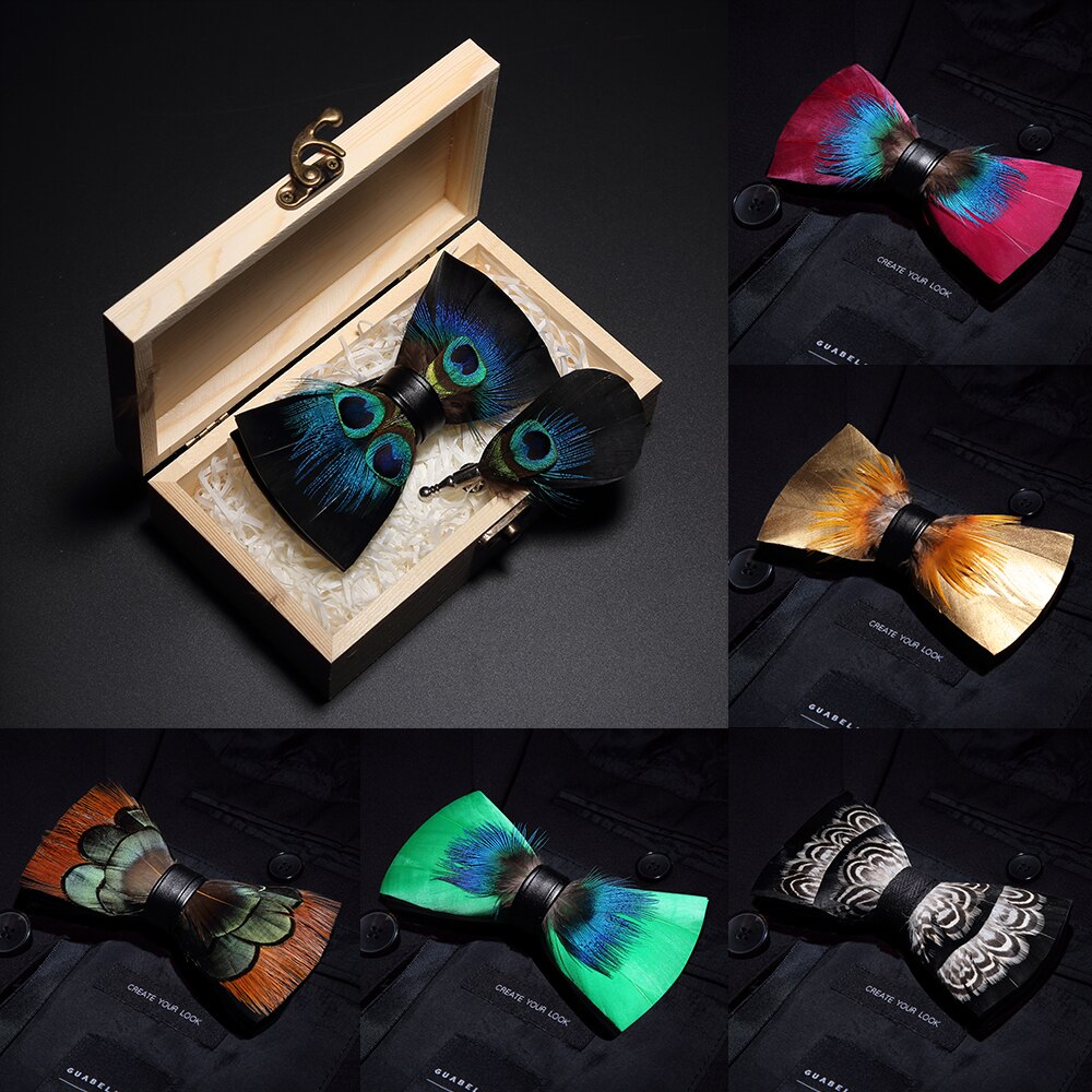 JEMYGINS Originele Italië Bowtie Natuurlijke Brid Veren Prachtige Hand Gemaakt Mannen Strikje Broche Pin Houten Geschenkdoos set